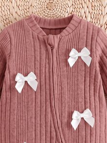 SHEIN 女嬰針織可愛休閒粉色蝴蝶結長袖秋冬連身衣居家服 - 粉色 - 查看 4