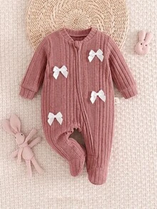 SHEIN 女嬰針織可愛休閒粉色蝴蝶結長袖秋冬連身衣居家服 - 粉色 - 查看 2