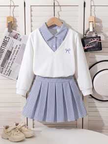 SHEIN 青少年女孩條紋連帽衫裙子兩件套，休閒可愛，返校季，寬鬆，針織，復古，秋季服飾，校外白色 - 彩色 - 查看 3