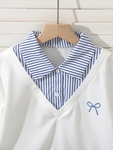 SHEIN 青少年女孩條紋連帽衫裙子兩件套，休閒可愛，返校季，寬鬆，針織，復古，秋季服飾，校外白色 - 彩色 - 查看 5
