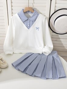 SHEIN 青少年女孩條紋連帽衫裙子兩件套，休閒可愛，返校季，寬鬆，針織，復古，秋季服飾，校外白色 - 彩色 - 查看 1