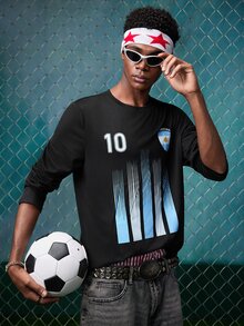 EVRINFINITE Men's Football Style Blue & White Gradient Striped Print Long Sleeve T-Shirt | Suitable For Autumn/Winter Wear | Comfortable & Breathable | Leading Fashion - Black - View 1