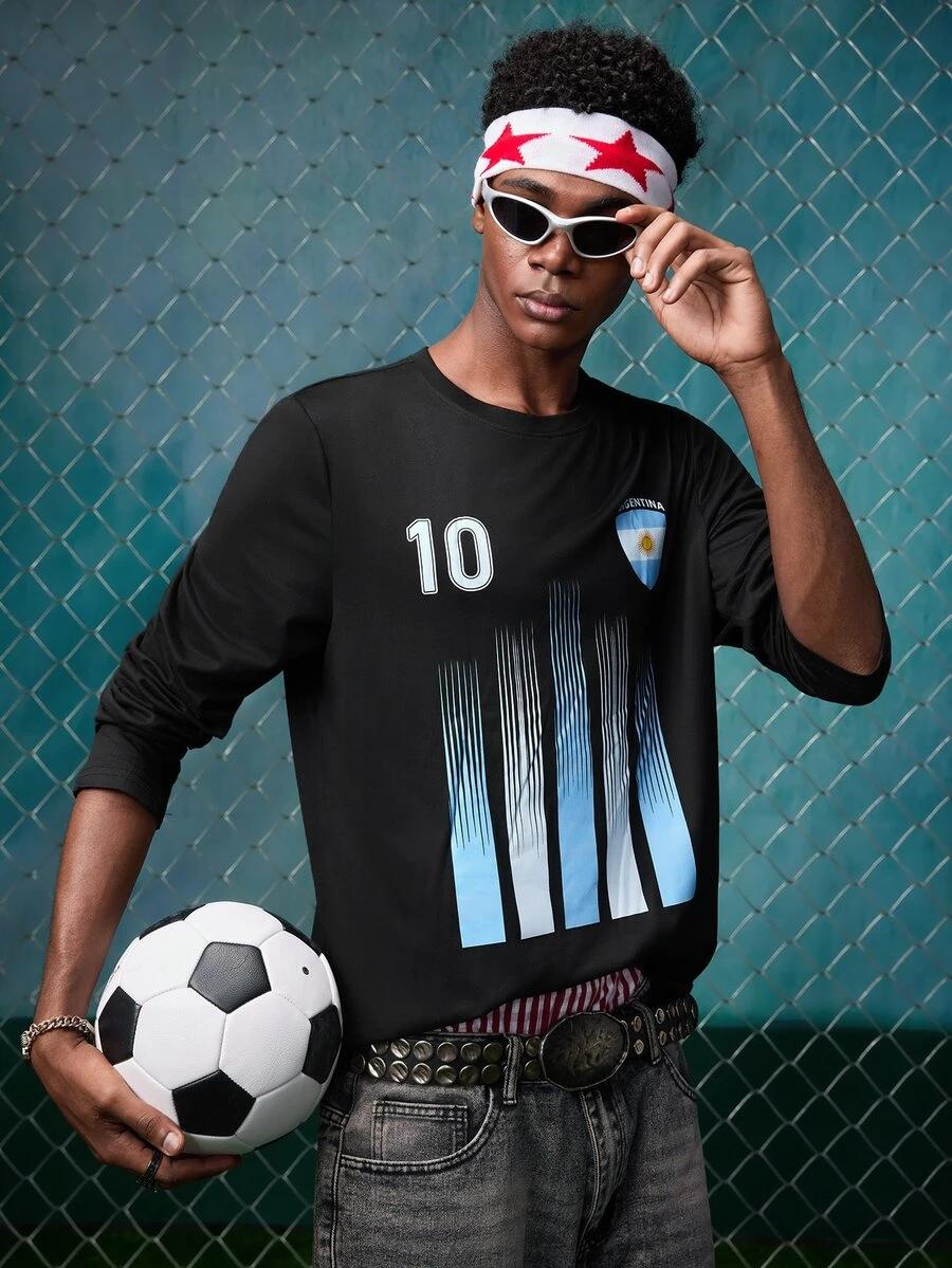 EVRINFINITE Men's Football Style Blue & White Gradient Striped Print Long Sleeve T-Shirt | Suitable For Autumn/Winter Wear | Comfortable & Breathable | Leading Fashion - Black - View 1
