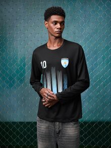 EVRINFINITE Men's Football Style Blue & White Gradient Striped Print Long Sleeve T-Shirt | Suitable For Autumn/Winter Wear | Comfortable & Breathable | Leading Fashion - Black - View 4