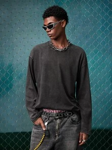 EVRINFINITE Men's Casual Vintage Washed Loose Fit Long Sleeve T-Shirt, Streetwear, Suitable For Spring And Autumn - Dark Grey - View 4