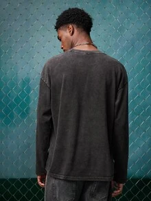 EVRINFINITE Men's Casual Vintage Washed Loose Fit Long Sleeve T-Shirt, Streetwear, Suitable For Spring And Autumn - Dark Grey - View 2