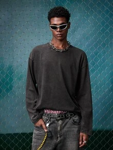 EVRINFINITE Men's Casual Vintage Washed Loose Fit Long Sleeve T-Shirt, Streetwear, Suitable For Spring And Autumn - Dark Grey - View 5