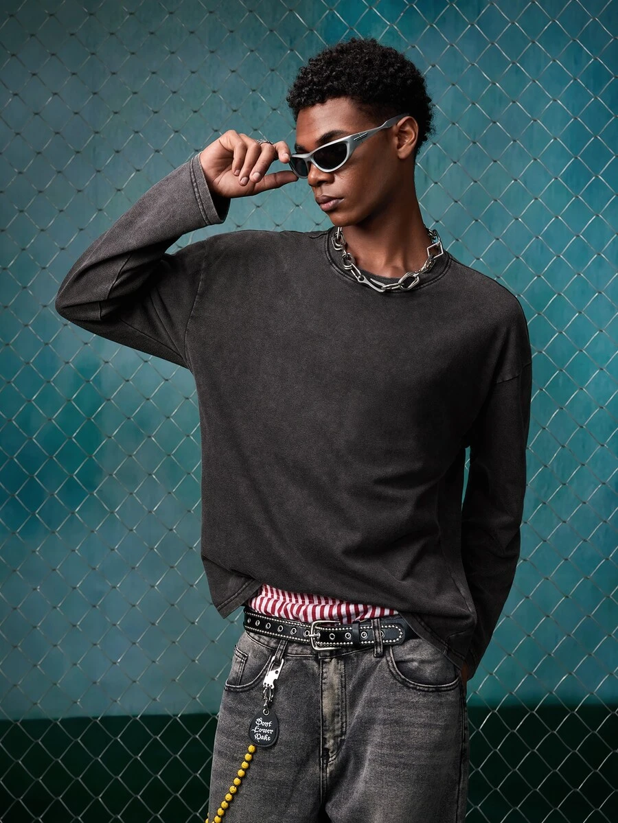 EVRINFINITE Men's Casual Vintage Washed Loose Fit Long Sleeve T-Shirt, Streetwear, Suitable For Spring And Autumn - Dark Grey - View 1