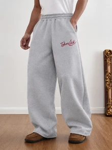 TOKVUE Men's FREEDOM Embroidered Loose Sweatpants, Colorblock Design, Suitable For Autumn, Street Style, Urban Casual Wide Leg Pants For Music Festivals And Nightclubs - Light Grey - View 2