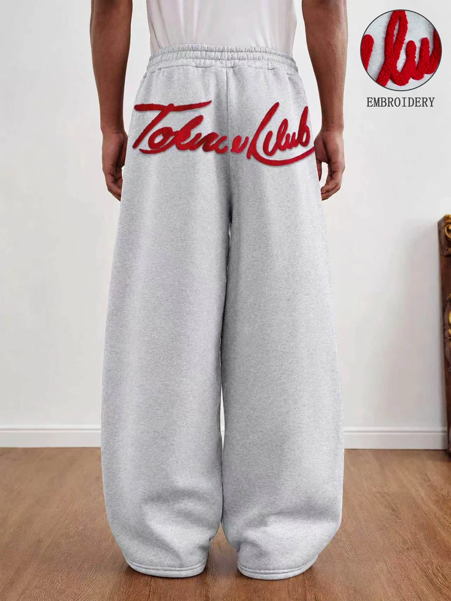 TOKVUE Men's FREEDOM Embroidered Loose Sweatpants, Colorblock Design, Suitable For Autumn, Street Style, Urban Casual Wide Leg Pants For Music Festivals And Nightclubs - Light Grey - View 1