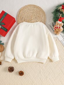 SHEIN 女童米杏色家庭款聖誕麋鹿費爾島雪花聖誕帽印花針織舒適保暖加厚內裡運動衫 - 米色 - 查看 3