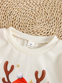 SHEIN 女童米杏色家庭款聖誕麋鹿費爾島雪花聖誕帽印花針織舒適保暖加厚內裡運動衫 - 米色 - 查看 5