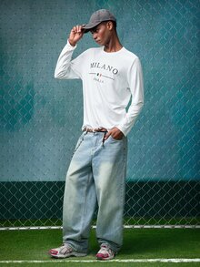 EVRINFINITE Men's Casual Letter Print Round Neck Slim Fit Long Sleeve T-Shirt, Autumn - White - View 6