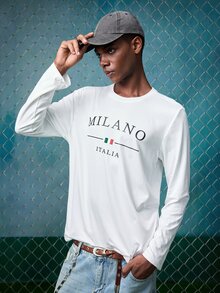 EVRINFINITE Men's Casual Letter Print Round Neck Slim Fit Long Sleeve T-Shirt, Autumn - White - View 1