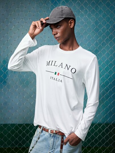 EVRINFINITE Men's Casual Letter Print Round Neck Slim Fit Long Sleeve T-Shirt, Autumn