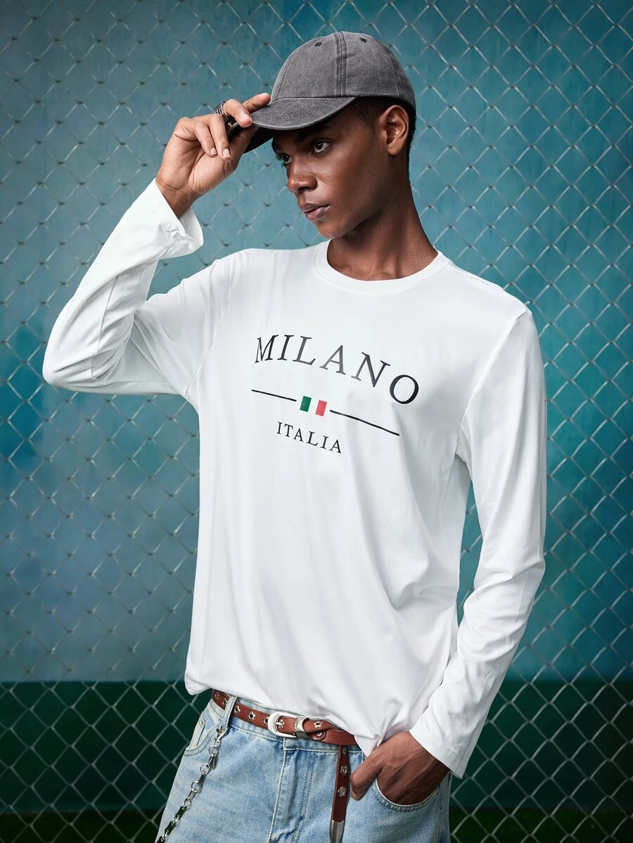 EVRINFINITE Men's Casual Letter Print Round Neck Slim Fit Long Sleeve T-Shirt, Autumn - White - View 1