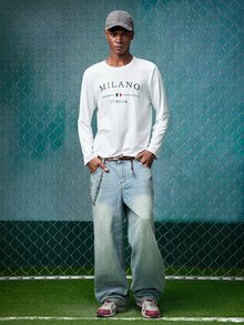 EVRINFINITE Men's Casual Letter Print Round Neck Slim Fit Long Sleeve T-Shirt, Autumn - White - View 3