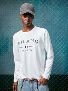 EVRINFINITE Men's Casual Letter Print Round Neck Slim Fit Long Sleeve T-Shirt, Autumn - White - View 4