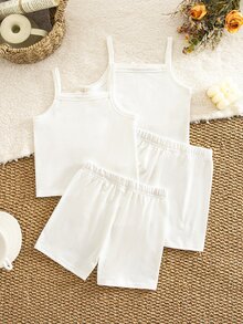 SHEIN 女童針織純色蕾絲細肩帶上衣與短褲四件套 - 彩色 - 查看 4