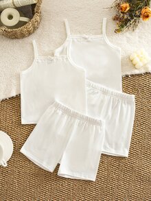 SHEIN 女童針織純色蕾絲細肩帶上衣與短褲四件套 - 彩色 - 查看 3