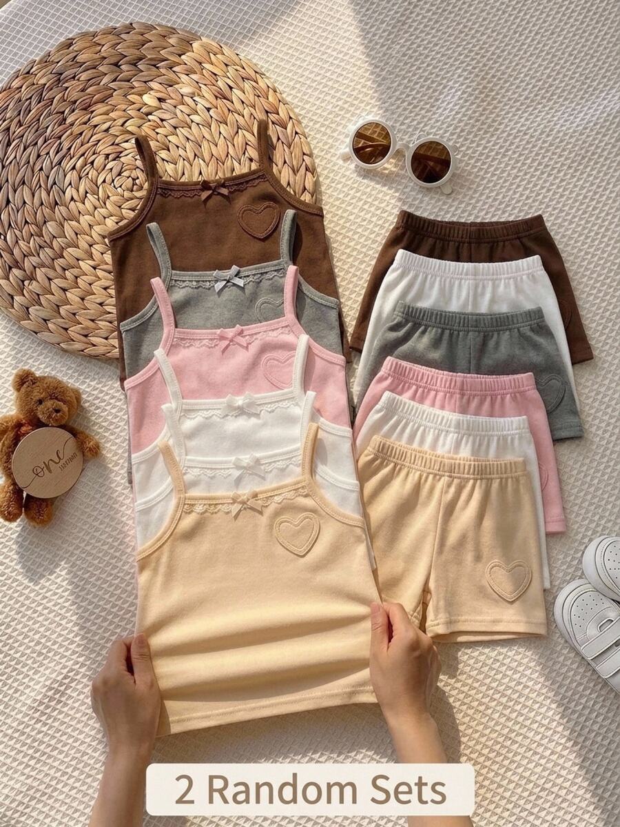 SHEIN 女童針織純色蕾絲細肩帶上衣與短褲四件套 - 彩色 - 查看 1