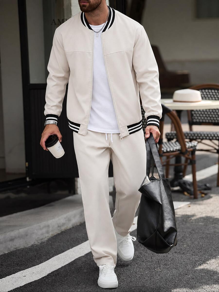 Manfinity Homme 男士秋季休閒寬鬆夾克與長褲套裝 米色度假街頭風 老錢風 - 杏色 - 查看 1
