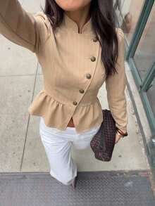 Serisse Women's Textured Striped Beige Jacket - Beige - View 3
