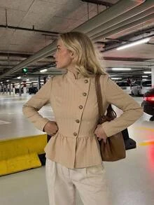 Serisse Women's Textured Striped Beige Jacket - Beige - View 6