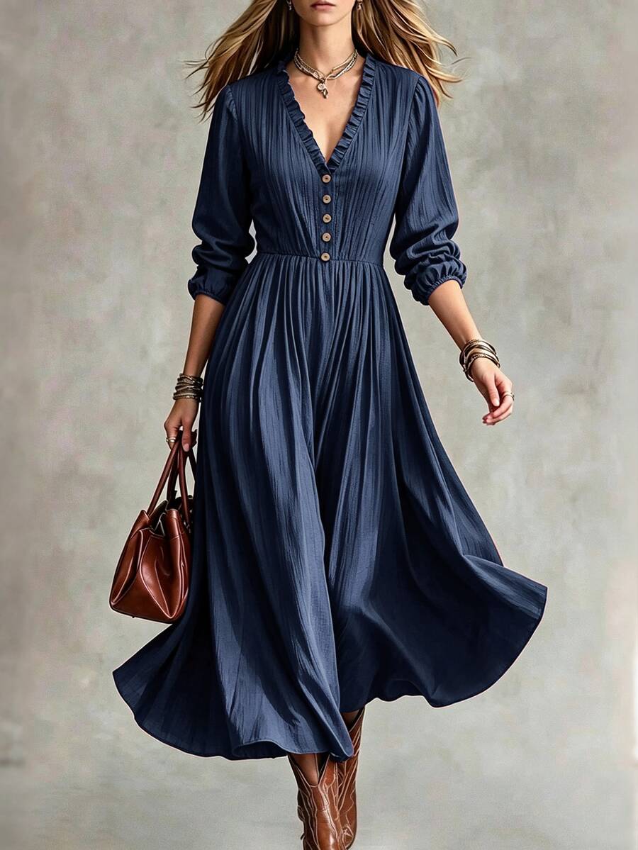 Omancia V-Neck Ruffle Long Sleeve Autumn Dress, Cinched Waist A-Line Casual Versatile Daily Commute Dress - Navy Blue - View 1