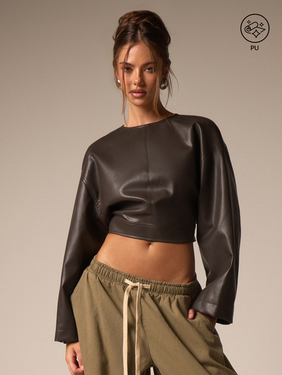 Athîral Top casual de mujer con cuello redondo, manga larga, cintura fruncida y lazo en la espalda, de PU marrón, para uso diario elegante en otoño/invierno