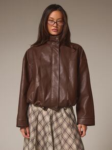 Athîral Women's Solid Color PU Leather Fashion Versatile Long Sleeve Jacket - Brown - View 5