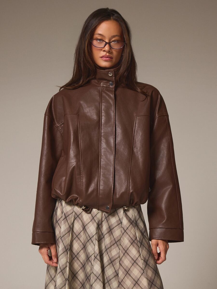 Athîral Women's Solid Color PU Leather Fashion Versatile Long Sleeve Jacket - Brown - View 1