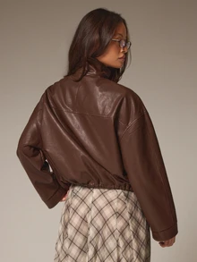 Athîral Women's Solid Color PU Leather Fashion Versatile Long Sleeve Jacket - Brown - View 2