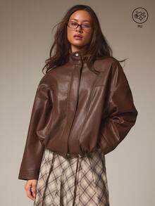 Athîral Women's Solid Color PU Leather Fashion Versatile Long Sleeve Jacket - Brown - View 1