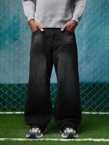 EVRINFINITE Hearty Haven 1pc American Vintage Washed Distressed High Street Straight Leg Loose Casual Versatile Wide Leg Floor Length Jeans For Men - No Accessories - Black - View 2