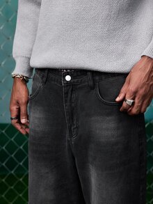 EVRINFINITE Hearty Haven 1pc American Vintage Washed Distressed High Street Straight Leg Loose Casual Versatile Wide Leg Floor Length Jeans For Men - No Accessories - Black - View 5