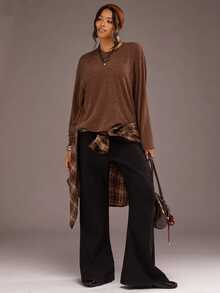 Freevana Kaos Oversize Polos Ukuran Besar dengan Bahu Jatuh - Coffee Brown - View 4