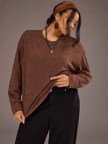 Freevana Kaos Oversize Polos Ukuran Besar dengan Bahu Jatuh - Coffee Brown - View 6