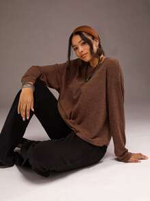 Freevana Kaos Oversize Polos Ukuran Besar dengan Bahu Jatuh - Coffee Brown - View 7