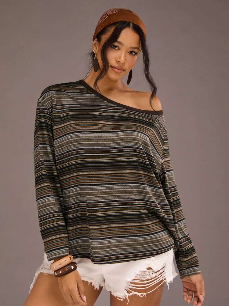 Freevana Plus Size Women's Bohemian Vintage Striped Long Sleeve Asymmetrical Neckline T-Shirt Fall - Multicolor - View 6