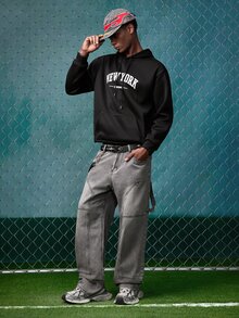 EVRINFINITE Men's Letter Printed Drawstring Hoodie, For Fall, Long Sleeve Top - Black - View 3