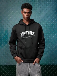 EVRINFINITE Men's Letter Printed Drawstring Hoodie, For Fall, Long Sleeve Top - Black - View 4