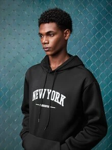EVRINFINITE Men's Letter Printed Drawstring Hoodie, For Fall, Long Sleeve Top - Black - View 5