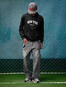 EVRINFINITE Men's Letter Printed Drawstring Hoodie, For Fall, Long Sleeve Top - Black - View 6