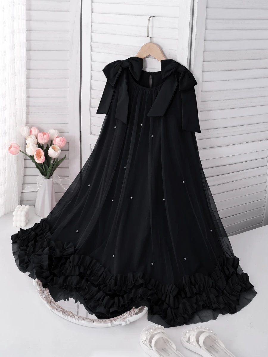 Tween Girls Elegant Fashion Ruffle Trim Pearl Decor Mesh Girls Mini Dress, Graduation, Outfit - Black - View 1