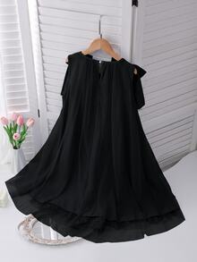 Tween Girls Elegant Fashion Ruffle Trim Pearl Decor Mesh Girls Mini Dress, Graduation, Outfit - Black - View 2