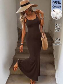 SHEIN LUNE Women's Pure Cotton Versatile Spaghetti Strap Fitted Long Dress Suitable For Spring And Summer Vacation Dark Brown Casual - Coffee Brown - View 2