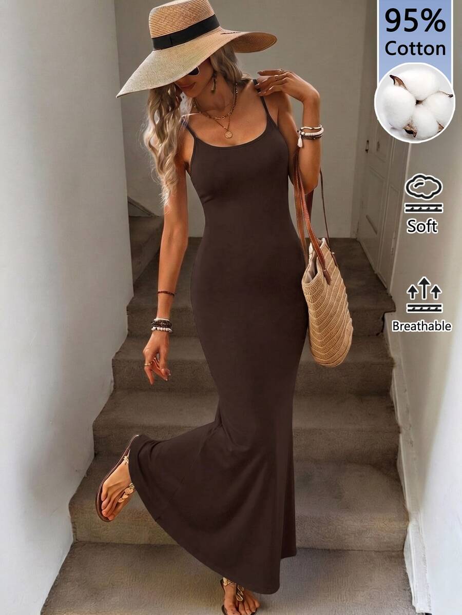 SHEIN LUNE Women's Pure Cotton Versatile Spaghetti Strap Fitted Long Dress Suitable For Spring And Summer Vacation Dark Brown Casual