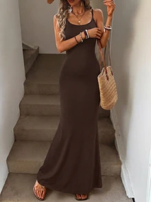 SHEIN LUNE Women's Pure Cotton Versatile Spaghetti Strap Fitted Long Dress Suitable For Spring And Summer Vacation Dark Brown Casual - Coffee Brown - View 5