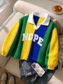 Fashionable Casual American Street Style Autumn/Winter New Colorblock Striped Polo Pullover Sweater For Girl - Multicolor - View 3